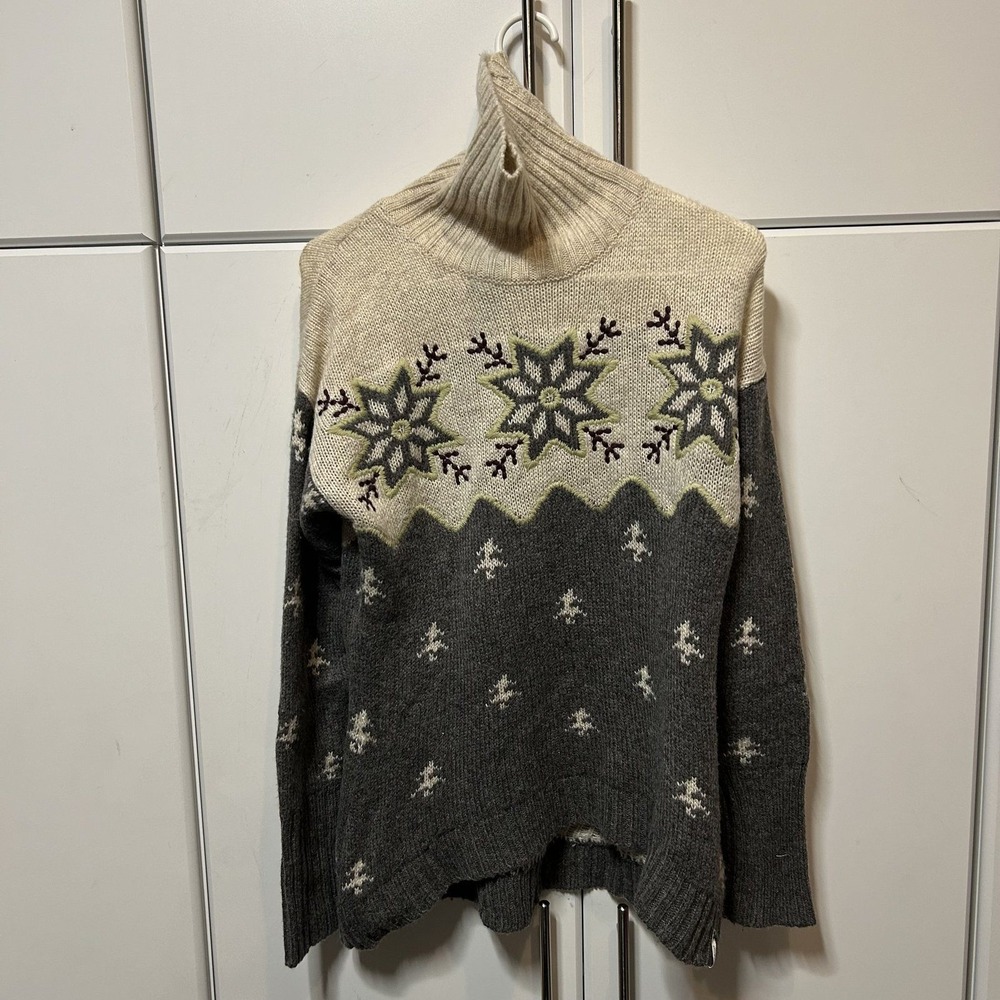 Woolrich Womens Snowflake Fair Isle Turtleneck Sweater Grey Cream Small